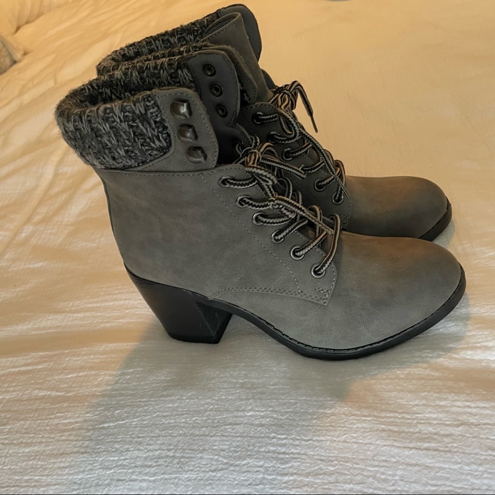 Grey chunky heel laced boots